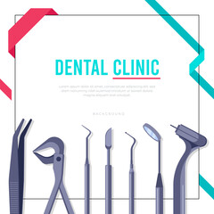 Vector illustration of dental clinic banner with various professional dental tools surrounding a clean layout. Ideal for healthcare flyers, dental promotions, and oral hygiene awareness designs