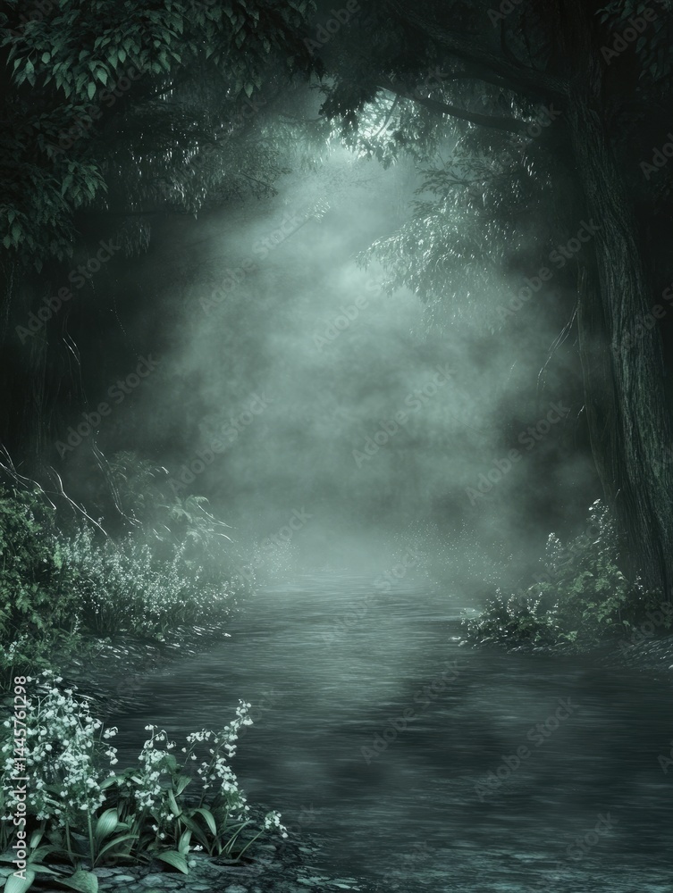 Poster ethereal foggy forest scene with water reflections, illuminated by soft light, creating a serene and