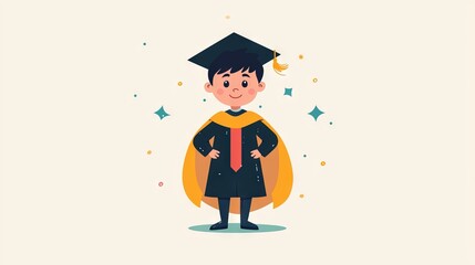 Smiling child in graduation cap and gown on beige background perfect for academic celebration graphics