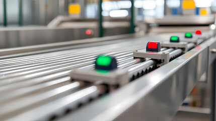 Automated conveyor system with indicator lights in a modern industrial facility, focusing on efficiency and smart manufacturing.