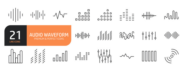 Set of line icons related to frequency audio waveform, equalizer music,electronic signal, voice recording and more. Outline icons collection. Editable stroke. Vector illustration.