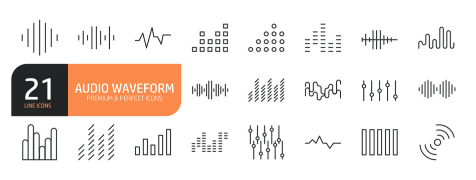 Set of line icons related to frequency audio waveform, equalizer music,electronic signal, voice recording and more. Outline icons collection. Editable stroke. Vector illustration.