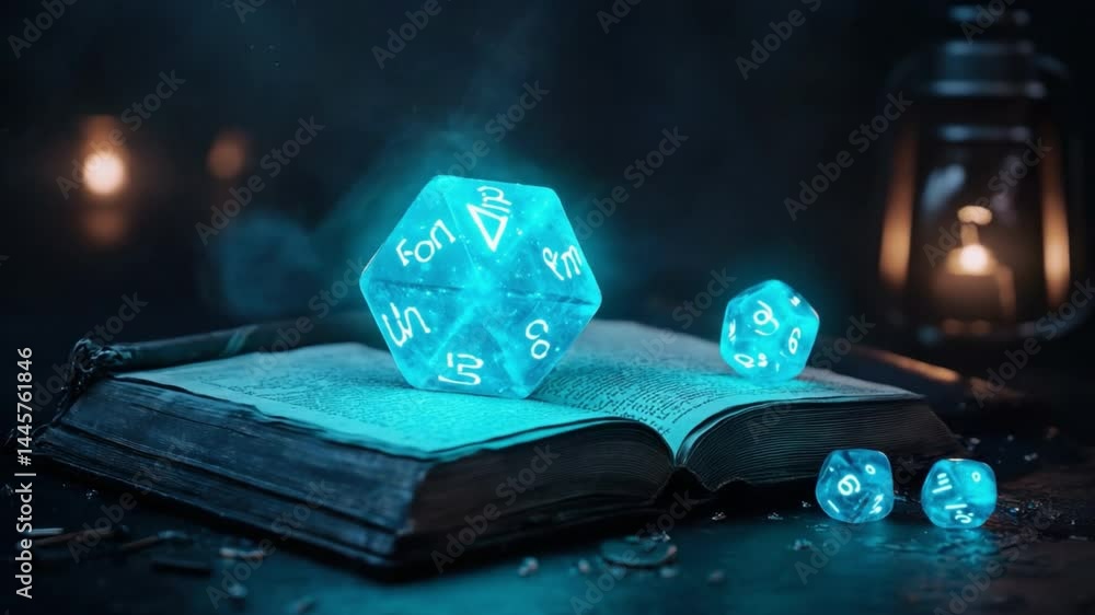 Poster ancient spellbook with glowing dice and mysterious light in a dark ambient environment