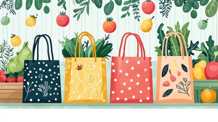 Colorful shopping bags with botanical fruit patterns perfect for retail branding or eco-friendly packaging visuals