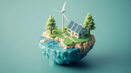 Futuristic floating eco island with solar panels and wind turbine perfect for sustainable city concepts