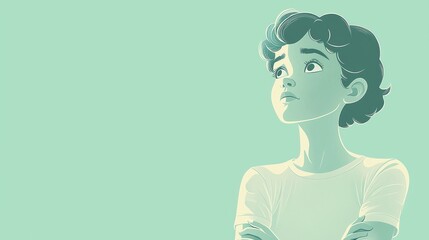 Contemplative boy portrait in muted green tones perfect for character design or children illustrations
