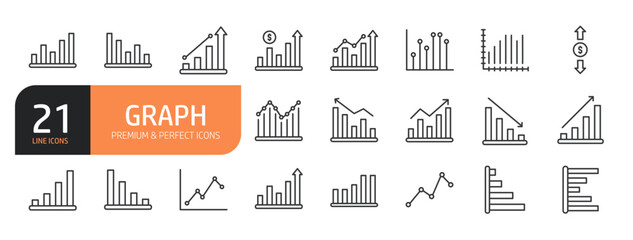 Set of line icons related to graph, statistic and data, charts diagrams, money, down or up arrow  and more. Outline icons collection. Editable stroke. Vector illustration.