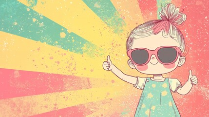 Toddler in sunglasses giving thumbs up on retro pastel burst perfect for children party invites or social media art