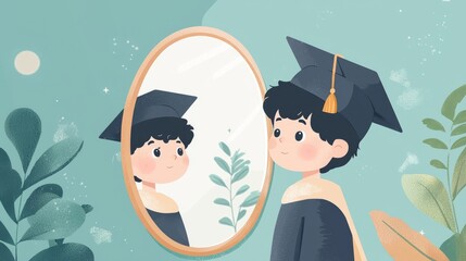 Graduated child looking at reflection in mirror surrounded by school elements perfect for academic achievement themes
