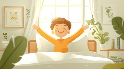 Happy boy stretching in bed in sunlit bedroom perfect for morning routine or wake-up time marketing visuals