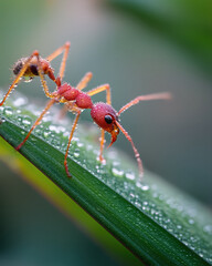 Fototapeta premium Red ant covered with water droplets walking on green leaf with dew in natural environment, showing detailed closeup of insect and fresh morning atmosphere