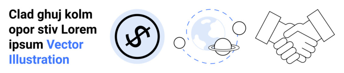 Currency symbol in circle, globe with orbiting planets, and handshake visualizing economy, collaboration, and international relations. Ideal for business, finance, partnership, technology global
