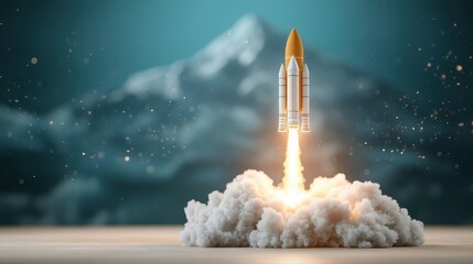 A rocket takes off amidst a backdrop of majestic mountains, symbolizing the fusion of nature and human ingenuity in the pursuit of knowledge and exploration.