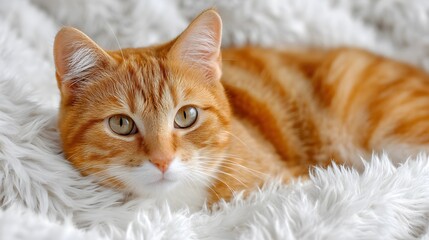 Naklejka premium Ginger tabby cat resting comfortably on a fluffy white blanket looking directly at the camera lens