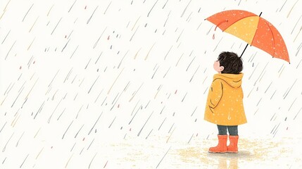 Child in yellow raincoat holding umbrella in rainfall perfect for weather theme or children story art