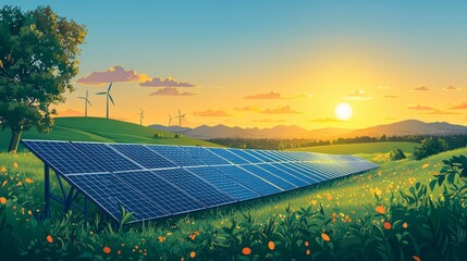 Solar panel array in grassy field at sunrise perfect for renewable energy promotions or solar power marketing