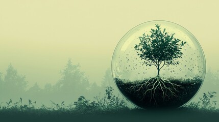 Tree encased in glass terrarium orb floating over misty forest perfect for environmental protection concepts