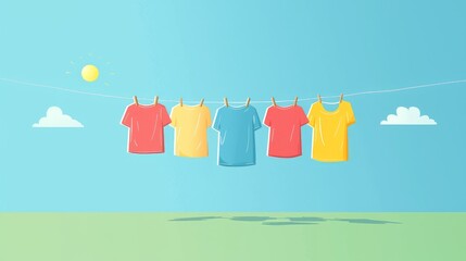 Colorful shirts hanging on clothesline under blue sky perfect for laundry service or fashion retail visuals