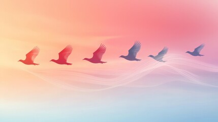 Flock of birds flying over pastel gradient sky perfect for freedom concept or serene background designs
