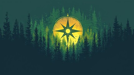 Glowing compass rose hovering above dense forest at dusk perfect for adventure travel or navigation-themed illustrations