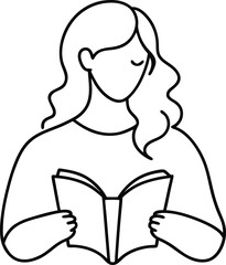 Girl sitting and reading a book in a relaxed posture represented in continuous line art drawing style perfect for educational themes decor and artistic illustrations