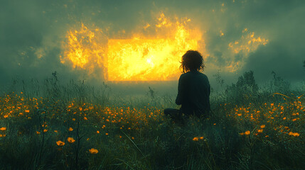 Obraz premium Person watching wildfire burning field at sunset