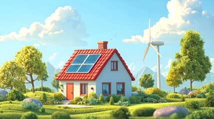 Eco-friendly house with solar panels and wind turbines in lush garden perfect for sustainable living or green energy showcases