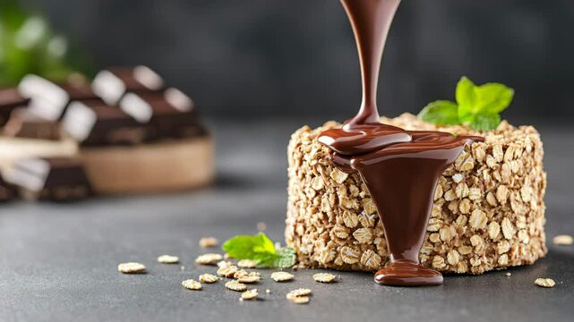 Creamy Chocolate Pouring Over Oatcake Garnished with Fresh Leaves