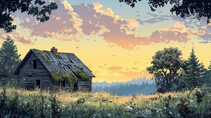 Abandoned cabin in misty meadow at sunset perfect for rustic retreat or nature solitude photography