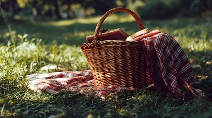 A picnic basket with a red and white checkered blanket in a grassy field on a sunny day outdoors