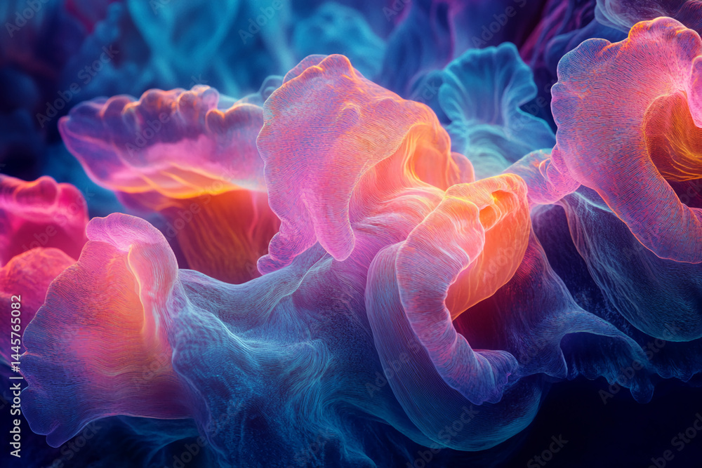 Poster abstract image of flowing, textured forms in pink, orange, and blue hues, creating a dynamic and eth