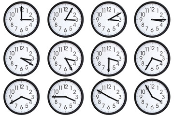 Collection of 12 round wall clocks displaying  03:00 to 03:55 or 15:00 to 15:55 on a clean white...