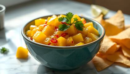 Colorful Mango Salsa with Red Chili and Fresh Cilantro Garnish in a Bowl on a Marble Surface