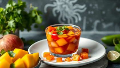 Fresh Fruit Salad with Mango and Apple Chunks Garnished with Cilantro on a Dark Wooden Table