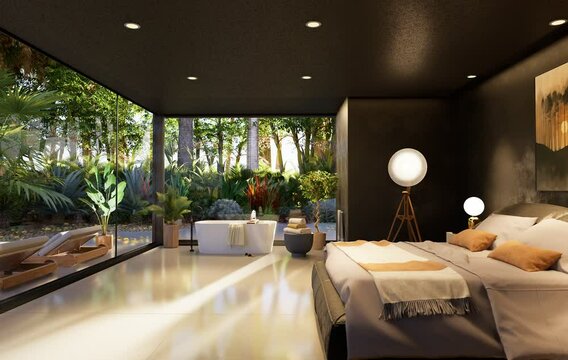3D illustration of a luxury hotel bedroom suite. Dark, elegant decor with a round bathtub and a garden view with tropical plants. Outdoor terrace with sunbeds. Wide-angle horizontal tucking shot.