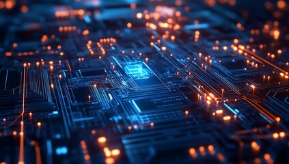 Abstract digital background with circuit board elements and bright lights