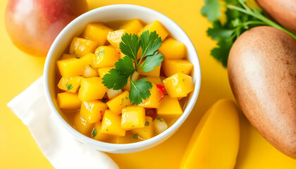 Fresh Mango Salsa With Chopped Ingredients In A White Bowl On A Bright Yellow Surface