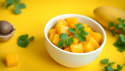 Freshly Chopped Mango Cubes in a White Bowl Garnished with Cilantro on Yellow Background
