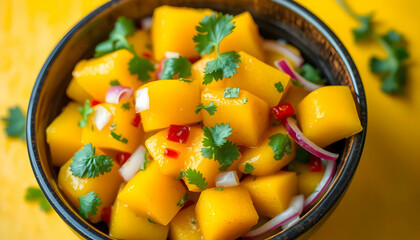 Mango Salad with Cilantro and Red Onion in a Wooden Bowl