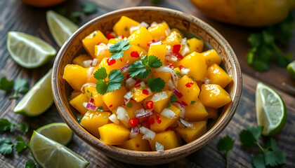 Vibrant Mango Salsa with Fresh Ingredients on Rustic Wooden Table