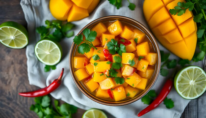 Colorful Mango Salsa with Chopped Cilantro and Red Chili Peppers on a Wooden Table