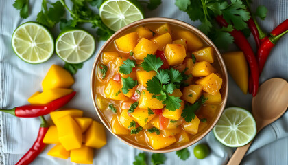 Colorful Mango Salsa in a Rustic Bowl