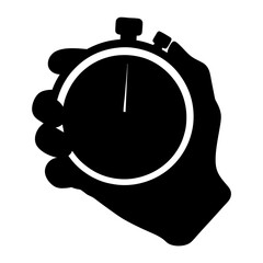 A black and white drawing of a hand holding a stopwatch