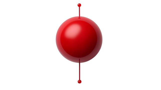 A bright red sphere with a thin line extending from the top and bottom on a black background
