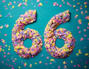 Number 66 made out of confetti. Photo for sixty-sixth birthday or anniversary party