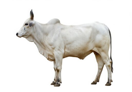 Profile view of a light colored zebu cow standing on a white background shot