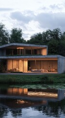Modern concrete house nestled beside a tranquil lake at dusk.