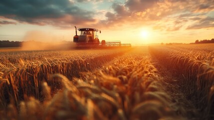 Dramatic sunset over a vast golden wheat field in the idyllic countryside with a combine harvester working to harvest the abundant crop