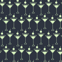 Triangular Martini Glasses and cherry symbolic Seamless background Neon light yellow green on dark