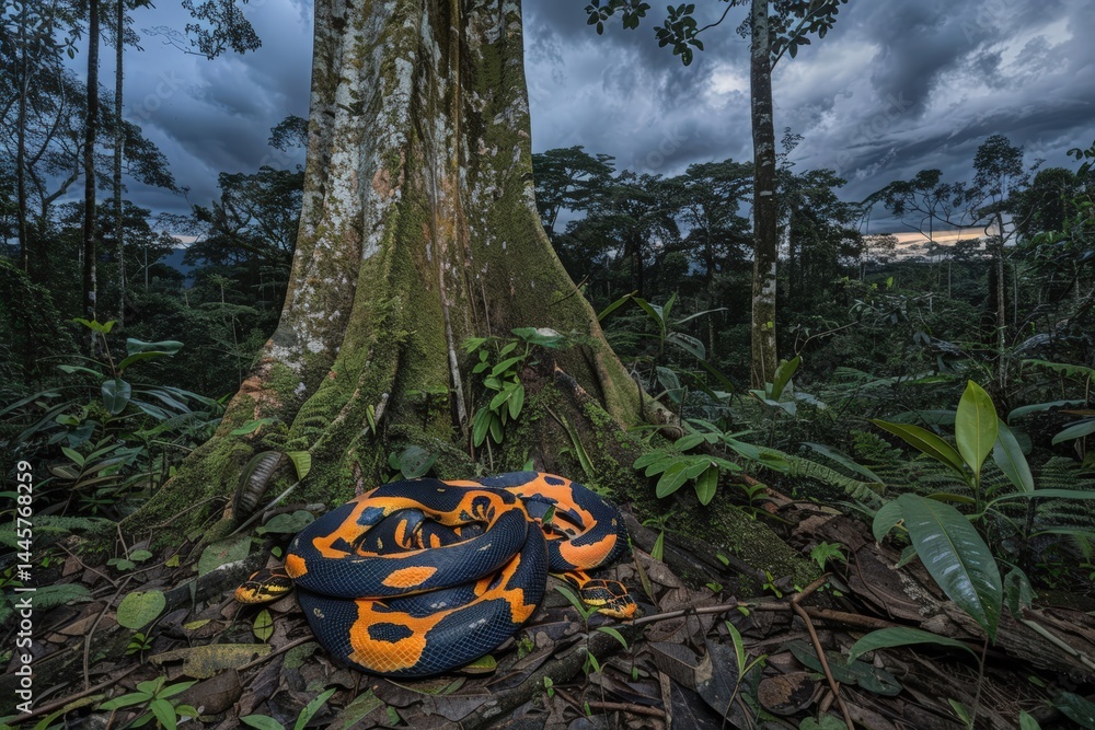 Poster coiled snake resting at the base of a large tree in a lush environment.